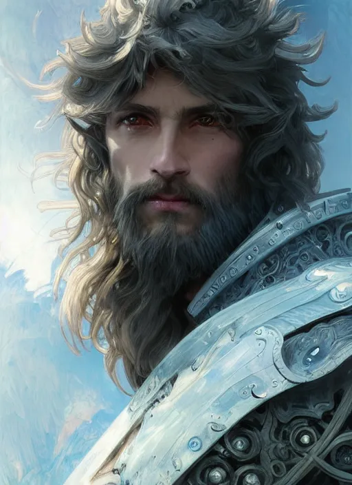 Prompt: A Human Male Paladin, detailed face, glowing white eyes, blue flames surrounding, shaggy hair, scruffy beard, medium armor, wings, fantasy, intricate, elegant, highly detailed, digital painting, artstation, concept art, smooth, sharp focus, illustration, art by Krenz Cushart and Artem Demura and alphonse mucha