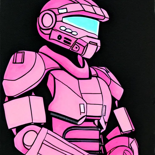 Image similar to master chief drawn with markers, background colored pink