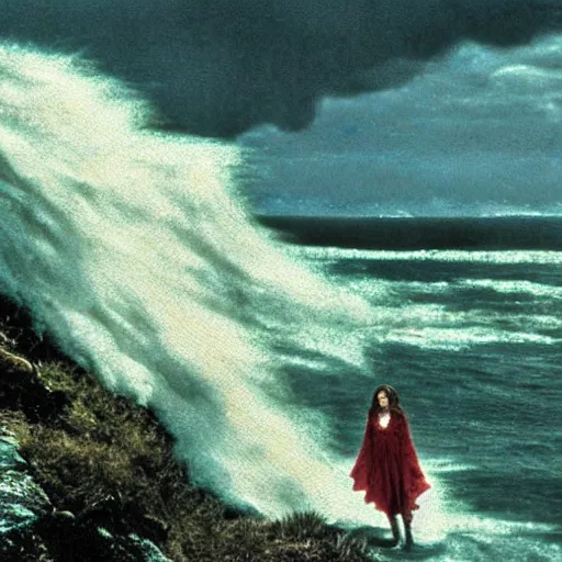 Image similar to 1 9 7 0's artistic italian western film in color, a woman in a giant billowy wide flowing waving dress made out of ocean waves and sea foam, standing inside a green mossy irish rocky scenic landscape, huge crashing waves and sea foam, volumetric lighting, backlit, moody, atmospheric