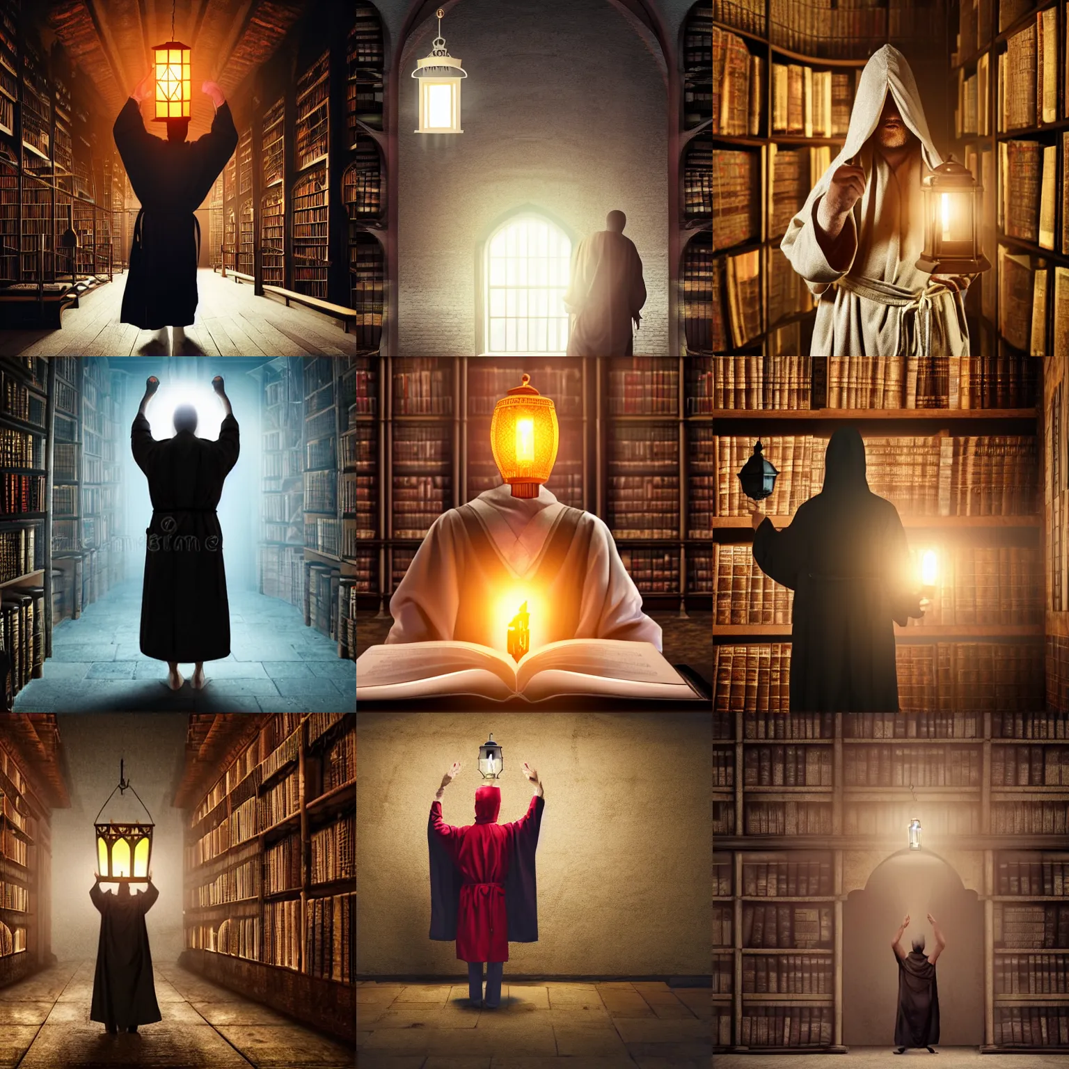 Prompt: a headless man wearing robes and holding up a lantern head inside a dark, ancient medieval library in high fantasy photorealistic illustration style 8k very cinematic