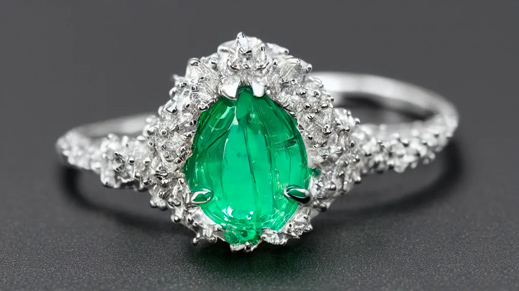 Image similar to a ring trapping a demon soul on emerald crystals inspired by tiffany co