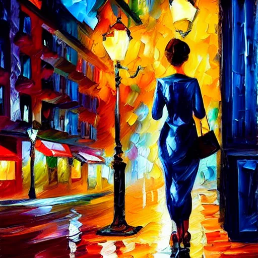 Image similar to impasto acrylic painting of a woman in a serene san francisco streetscape at night. inspired by leonid afremov, artstation, art - deco, cinematic lighting