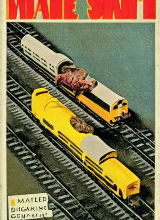 Prompt: vintage model train magazine advertisement depicting charles manson slipping on a banana peel