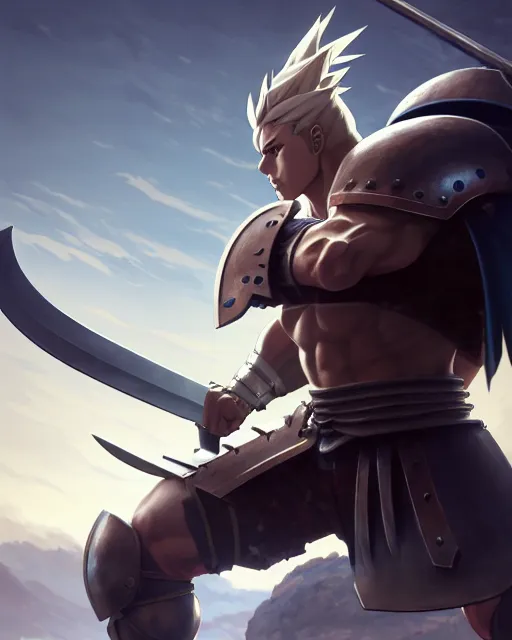 Prompt: strong muscular warrior with a greatsword and fully clad in plate armor, dramatic action pose, square masculine facial features, short messy hair, 3 d octane render, unreal engine 5, ultra high detail, cel shaded, trending on pixiv fanbox, by greg rutkowski makoto shinkai takashi takeuchi studio ghibli, akihiko yoshida