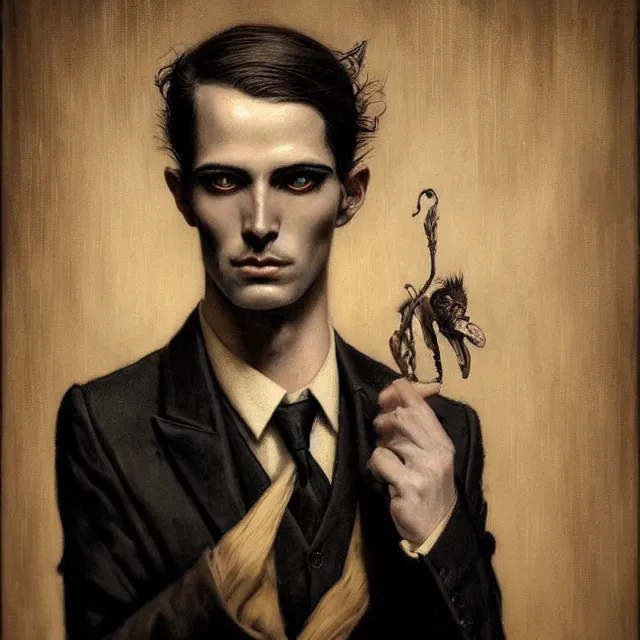 Image similar to photorealistic sepia full - head portrait of a 1 9 2 0 s era smirking male occultist, well dressed, long - tailed tuxedo coat, atmospheric lighting, dark, brooding, painted, intricate by tom bagshaw, ultra detailed, well composed, best on artstation, cgsociety, epic, stunning, gorgeous, intricate detail, much wow, masterpiece