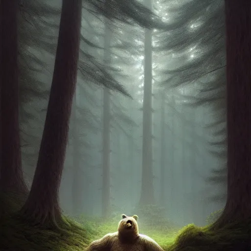 Image similar to a giant humanoid bear singing on a stage in a forest, digital art, detailed face, highly detailed, calm, deviantart, art by greg rutkowski, artstation, natural lighting, dramatic