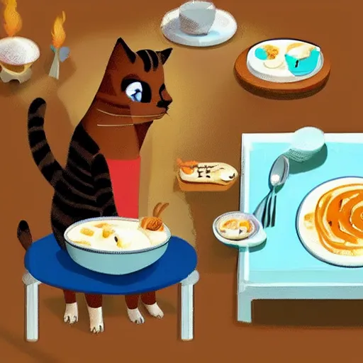 Prompt: a cute cat cooking a breakfast, highly detailed, masterful, cinematic