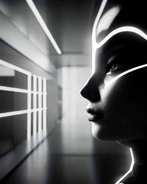 Image similar to black and white high quality photo of a beautiful female cyborg looking into a sci-fi mirror, volumetric lighting, liminal space, brutalism, foggy, dreamy, hyperdetailed, bokeh, photorealistic, cinematic, masterpiece, Metropolis, elegant, dark, octane render, 8K, in the style of H.R. Giger