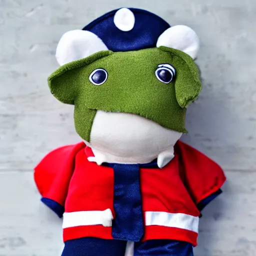 Image similar to stuffed animal frog wearing a sailor suit, plushie photography,