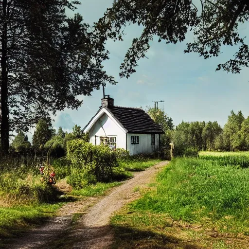 Image similar to photograph of a small swedish cottage in the countryside