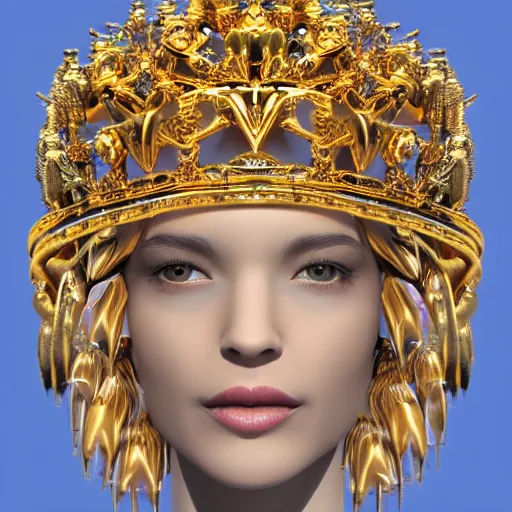 Prompt: a beautiful symmetrical face wearing a crown made of golden ornaments and gems by alex gray and android jones, 3D, 8k resolution