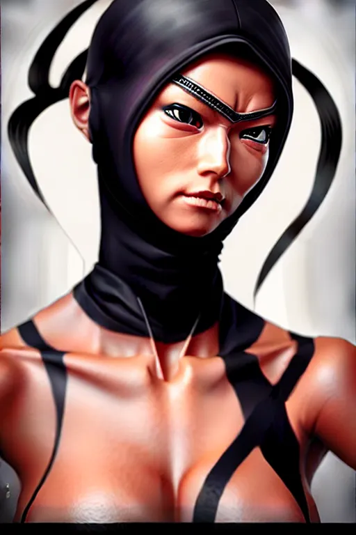 Image similar to Photorealistic hyperrealism female ninja by Artgerm and WLOP