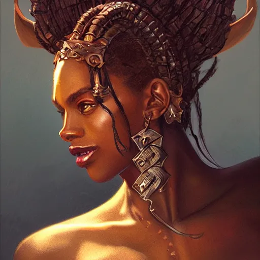 Image similar to portrait of a beautiful blackwomen devil warrior MTG iluustration, demon hunter ,intricate, headshot, highly detailed, digital painting, artstation, concept art, cinematic lighting, illustration, art by artgerm and greg rutkowski, alphonse mucha, cgsociety, science fiction