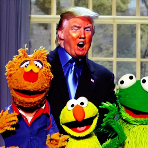 Image similar to donald trump on sesame street, pbs, tv show, fun,