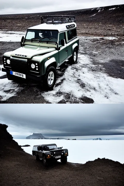 Prompt: land rover defender in iceland in the style of salvador dali