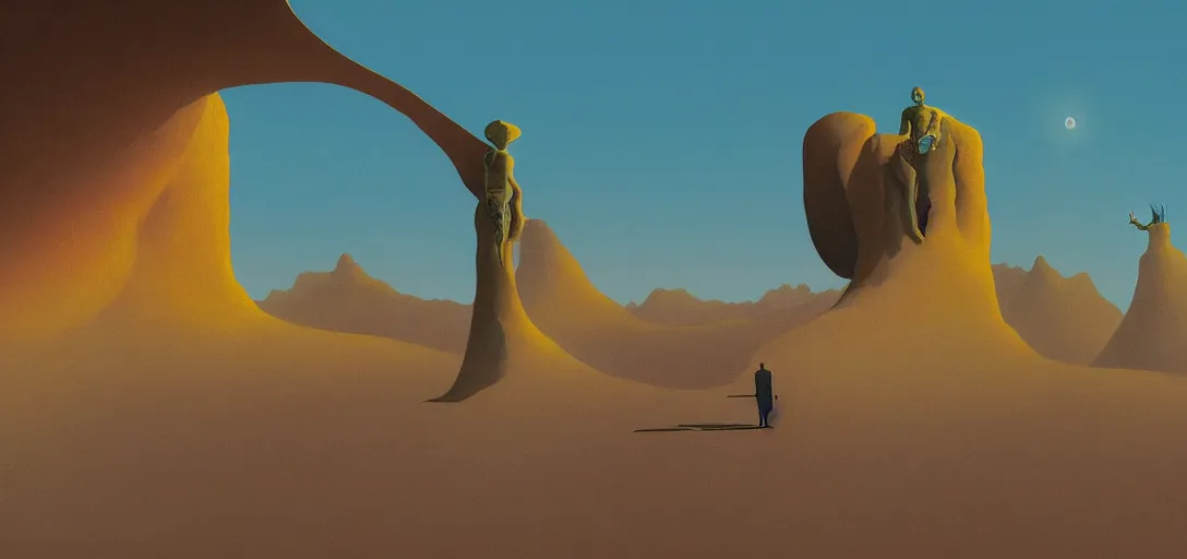 Image similar to desert with alien made statue, illustrated, epic composistion, moebius, edward hopper and james gilleard, zdzislaw beksinski, steven outram, volumetric lighting, surreal flat colors, concept art