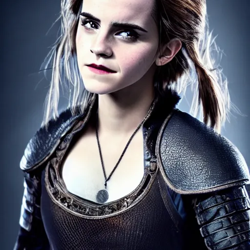 Image similar to Emma Watson cosplaying as Geralt from the Witcher. Studio lighting