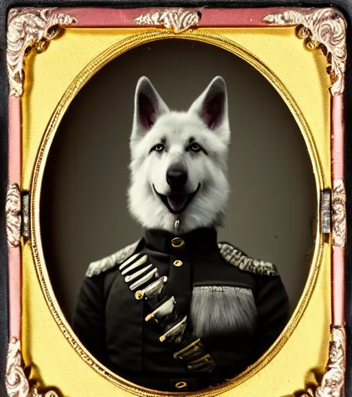 Image similar to professional studio photo portrait of anthro anthropomorphic albino german shepard head animal person fursona serious wearing elaborate military general uniform clothes degraded medium by Louis Daguerre daguerreotype tintype