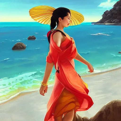 Image similar to asian sun goddess wearing modern clothing, portrait,! sundress!,! high ponytail!, slice of life, modern instagram influencer, beach and ocean in the background, highly detailed, digital painting, artstation, concept art, sharp focus, illustration, cinematic lighting, art by artgerm and greg rutkowski and alphonse mucha