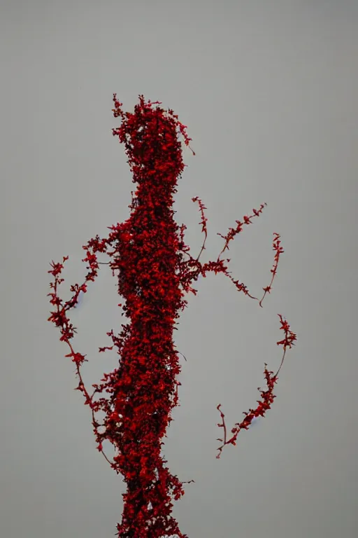 Prompt: a human figure made entirely out of redcurrant bushes ( ribes aureum ), surreal portrait, portra, 2 5 mm