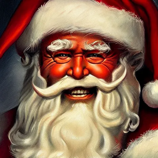 Image similar to an ultra - realistic portrait painting of santa claus in the style of frank frazetta. 4 k. ultra - realistic. highly detailed. dark fantasy. epic lighting.