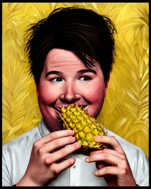 Image similar to Portrait of a drunk Michael Mcintyre eating a pineapple in a nightclub in Porto,real life skin, intricate, elegant, highly detailed, artstation, concept art, smooth, sharp focus, art by artgerm and greg rutkowski and alphonse mucha