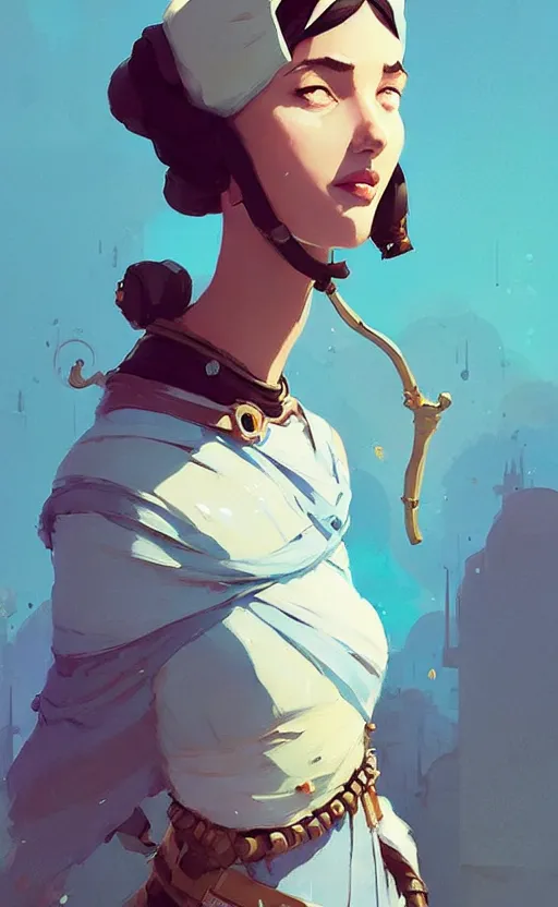 Image similar to female ottoman princess by atey ghailan, by greg rutkowski, by simon stalenhag, by greg tocchini, by james gilleard, by joe fenton, by kaethe butcher dynamic lighting, gradient light blue, brown, blonde cream and white color scheme, grunge aesthetic