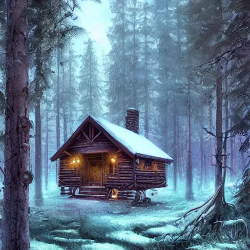 Image similar to a wooden cabin in the woods, magical forest, by Jordan Grimmer and greg rutkowski, crisp lines and color,