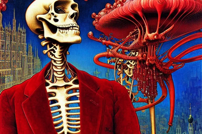 Image similar to realistic detailed closeup portrait painting of a single skeleton wearing red velvet blazer in a crowded futuristic moscow street by Jean Delville, Amano, Yves Tanguy, Alphonse Mucha, Ernst Haeckel, Edward Robert Hughes, Roger Dean, rich moody colours, blue eyes