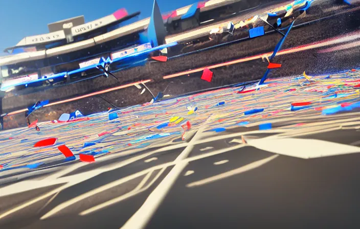 Prompt: wide angle shot of a futuristic racetrack with confetti on a sunny day with a clear blue sky, cyberpunk, profile shot, digital painting, good value control, unreal engine 5, 8 k, ray tracing, ambient occlusion, fourze, realistic textures, wipeout 2 0 4 8, f - zero
