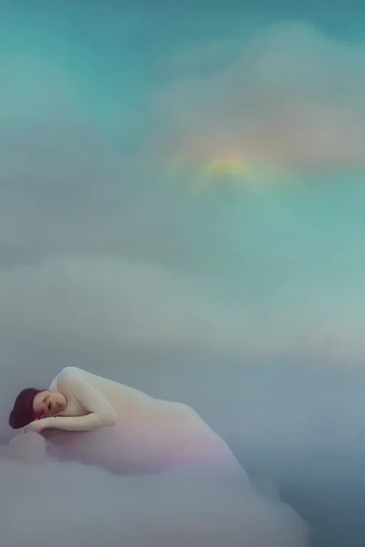 Image similar to high quality pastel coloured film close up wide angle photograph of a model wearing clothing swimming on cloud furniture in a icelandic black rock!! environment in a partially haze filled dreamstate world. three point light, rainbow. photographic production. art directed. pastel colours. volumetric clouds. pastel gradient overlay. waves glitch artefacts. extreme facial clarity. 8 k. filmic.