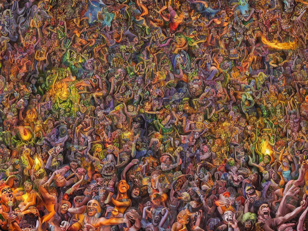 Image similar to digital painting rave party in hell by Chor Boogie, intricate details, ultra detailed, 4K, award-winning, touch of M. C. Escher and Salvador Dali