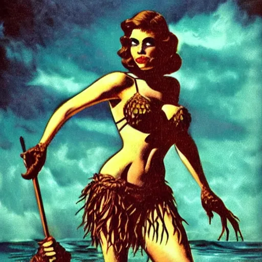 Image similar to vintage pulp art creature from The black lagoon