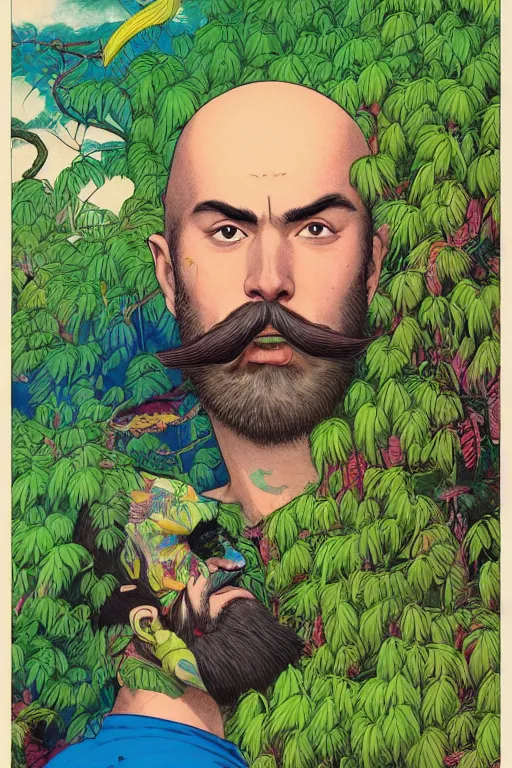 Prompt: a colorful closeup portrait of a handsome young bald man with a very long wild beard and handlebar moustache sucking a blotter paper of lsd acid and dreaming psychedelic hallucinations in the overgrown landscape of amazon jungle, by kawase hasui, moebius and edward hopper, colorful flat surreal design, hd, 8 k, artstation