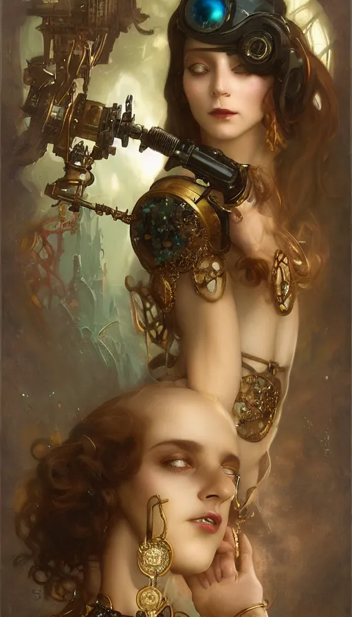 Image similar to hyper realistic photographer taking a picture, magical, gems, jewels, gold, steampunk, cyberpunk, painted by tom bagshaw, mucha, gaston bussiere, craig mullins, j. c. leyendecker 8 k