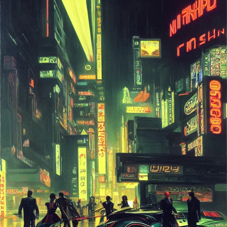 Prompt: scene of night life with people dressed in futuristic clothes, cyberpunk designs, vehicles, automations, and faint glows of vivid color, cinematic, highly detailed, intricate, hd quality, realism, from blade runner concept art, acrylic on canvas, by edward hopper and noriyoshi ohrai