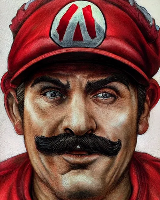 Image similar to portrait of super mario as a soviet factory worker, red cap, gritty, dirty, beautiful, very detailed, hyperrealistic, medium shot, very detailed painting by Glenn Fabry, by Joao Ruas