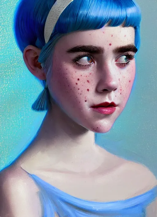 Image similar to portrait of kiernan shipka with freckles, white hair, big 1 9 6 0 s bob hairstyle with bangs and hairband, blue 1 9 6 0 s dress, intricate, elegant, glowing lights, highly detailed, digital painting, artstation, concept art, smooth, sharp focus, illustration, art by wlop, mars ravelo and greg rutkowski