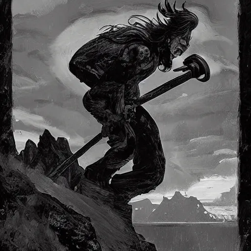 Image similar to norse troll blacksmith with sledgehammer profile portrait half body monochrome portrait hammer cover illustration dramatic kvlt by peder balke by peder balke by guido crepax by norman bluhm mystic high contrast monochromatic norway