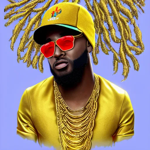 Prompt: parrots wearing golden rings and necklaces, with rap cap on head, rapping and sitting on golden trees, rap scene, modern concept art, trending on artstation, highly detailed, digital art, 8 k