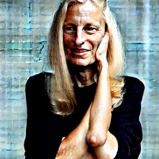 Image similar to portrait photograph by annie leibovitz of olive skinned blonde female in her thirties wearing designer clothes