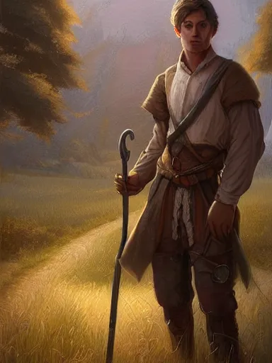 Image similar to portrait of a youthful handsome man walking in a rural area holding a staff. intricate, elegant, highly detailed, digital painting, artstation, concept art, sharp focus, illustration, by justin gerard and artgerm, 8 k