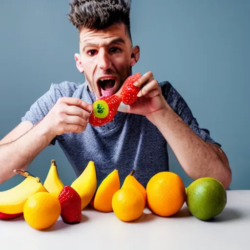 Prompt: man eating fruit made out of paper