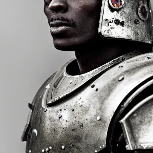 Image similar to portrait photograph of black spacemarine in battle worn armor. super resolution. 85 mm f1.8 lens.bokeh.graflex. Alessio albi