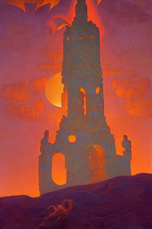 Image similar to glorious painted belltower of the sun and the lost stars, by Sylvain Sarrailh and Nicholas Roerich and jean delville and Maxfield Parrish, dramatic cinematic lighting , beautiful garden, ornate architecture, smooth, sharp focus, extremely detailed