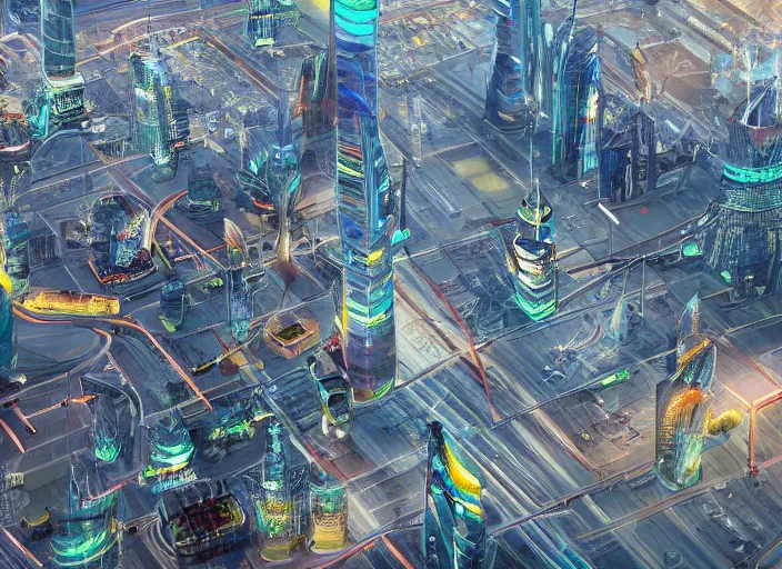 Prompt: an oil painting of china futurism city in isometric, hyper detailed, hyper realistic, 4K, octane render, unreal engine, painted by Zaha Hadid,