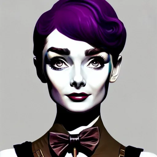 Prompt: in the style of joshua middleton, artgerm, beautiful audrey hepburn, steampunk, bioshock, elegant pose, middle shot, spooky, symmetrical face symmetrical eyes, three point lighting, detailed realistic eyes, short neck, purple and green top clothing, insanely detailed and intricate elegant