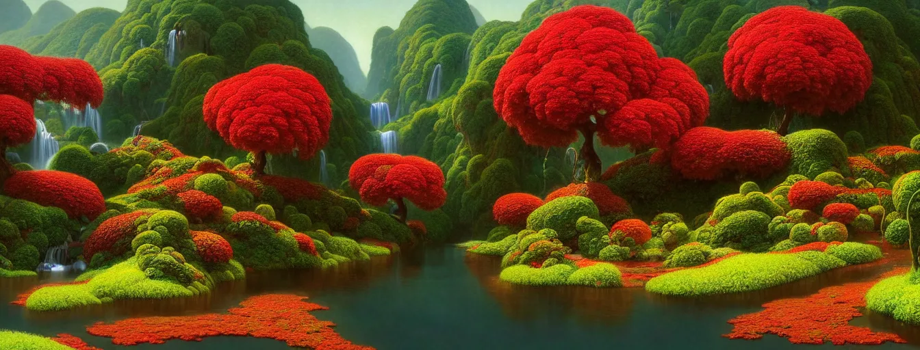 Image similar to a gorgeous very early spring series of lush islands separated by flower - lined streams, twisted gardens, flowers, fern fronds, all red, painting by barlowe wayne maxfield parrish and marco mazzoni. tree no leaf!!!! china mountain village!! very little light verdancy. ultra clear detailed. 3 d, octane render