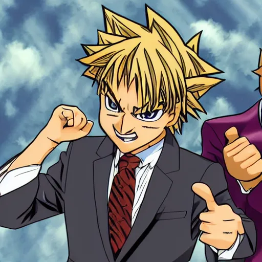 Image similar to Saul Goodman duels Yugi Moto, Yu-Gi-Oh, anime, highly detailed