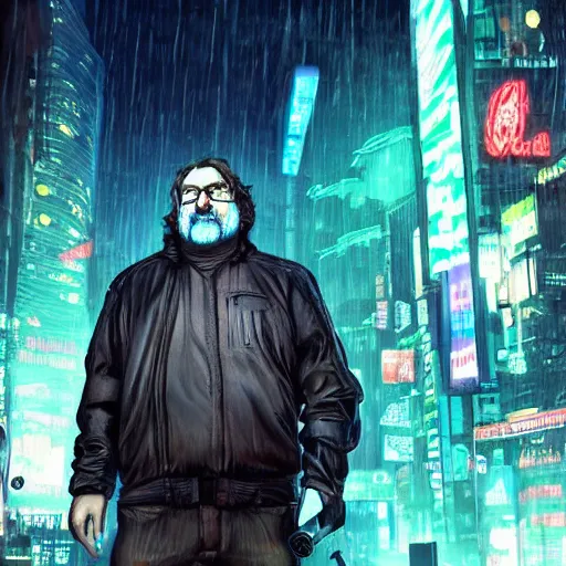 Prompt: Cyberpunk Gabe Newell standing in the street of a cyberpunk city at night in the rain, detailed, realistic, portrait